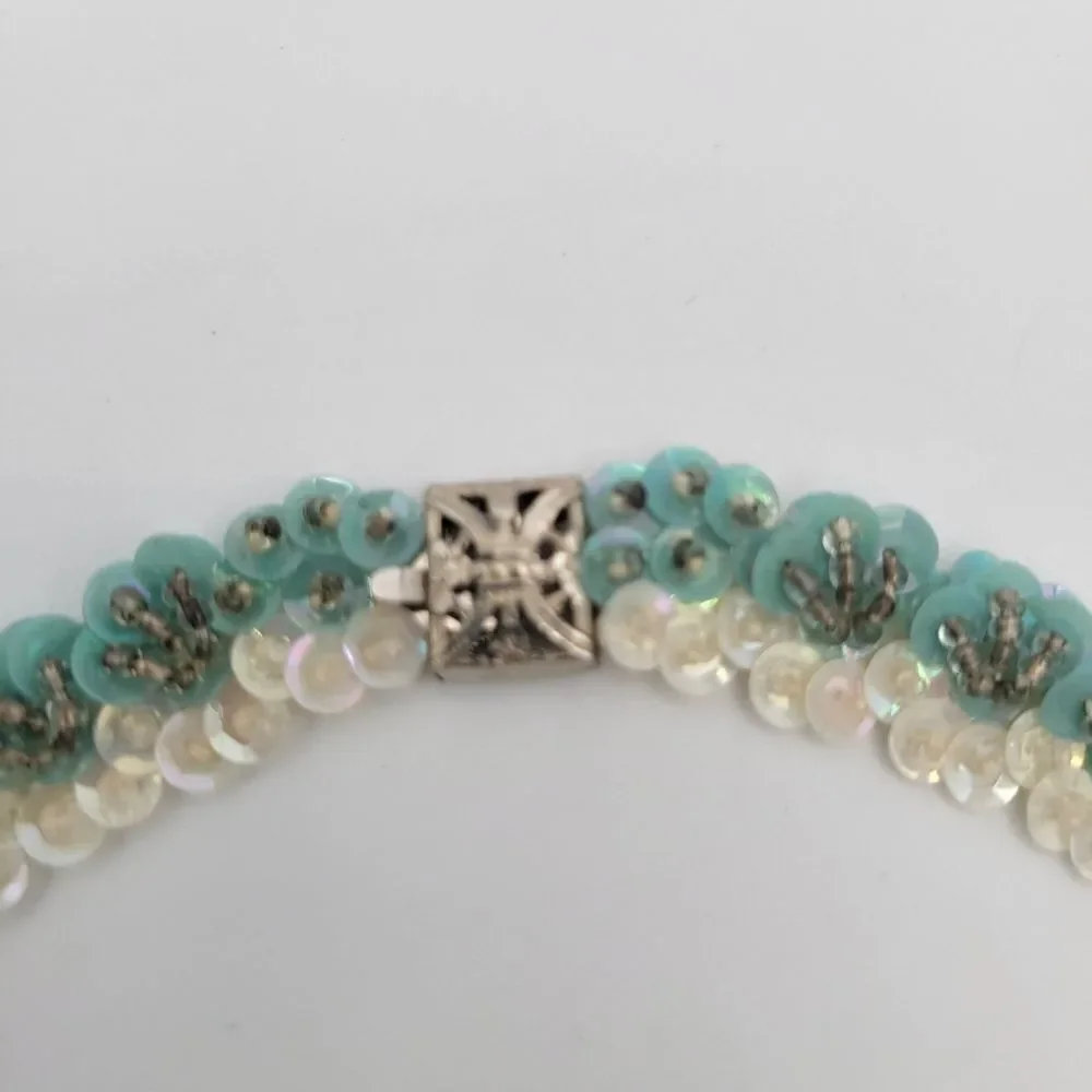 Vintage 1950s Aqua Sequin Necklace & Earrings Set